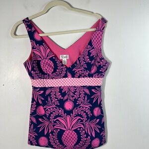 Lilly Pulitzer Vintage South Lake Pineapple V Neck Gingham Top Navy Pink 4